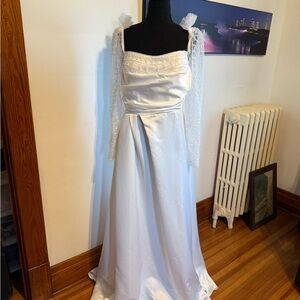 White Satin Bridal Gown with Lace Sleeves